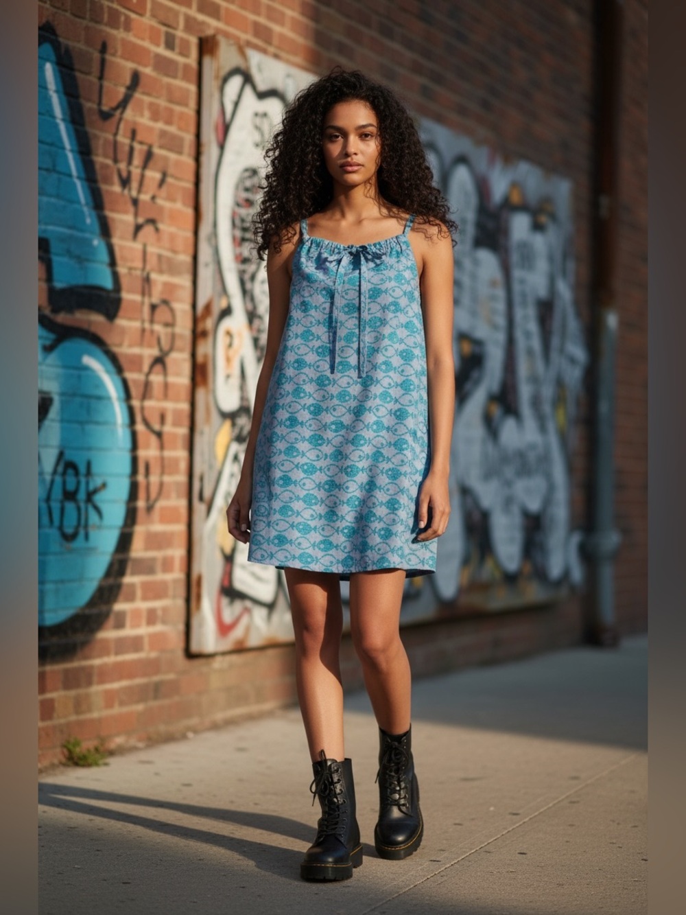 NWT BDG Eva Tie-Front Ruched Strap Trapeze Mini Dress in Blue Multi